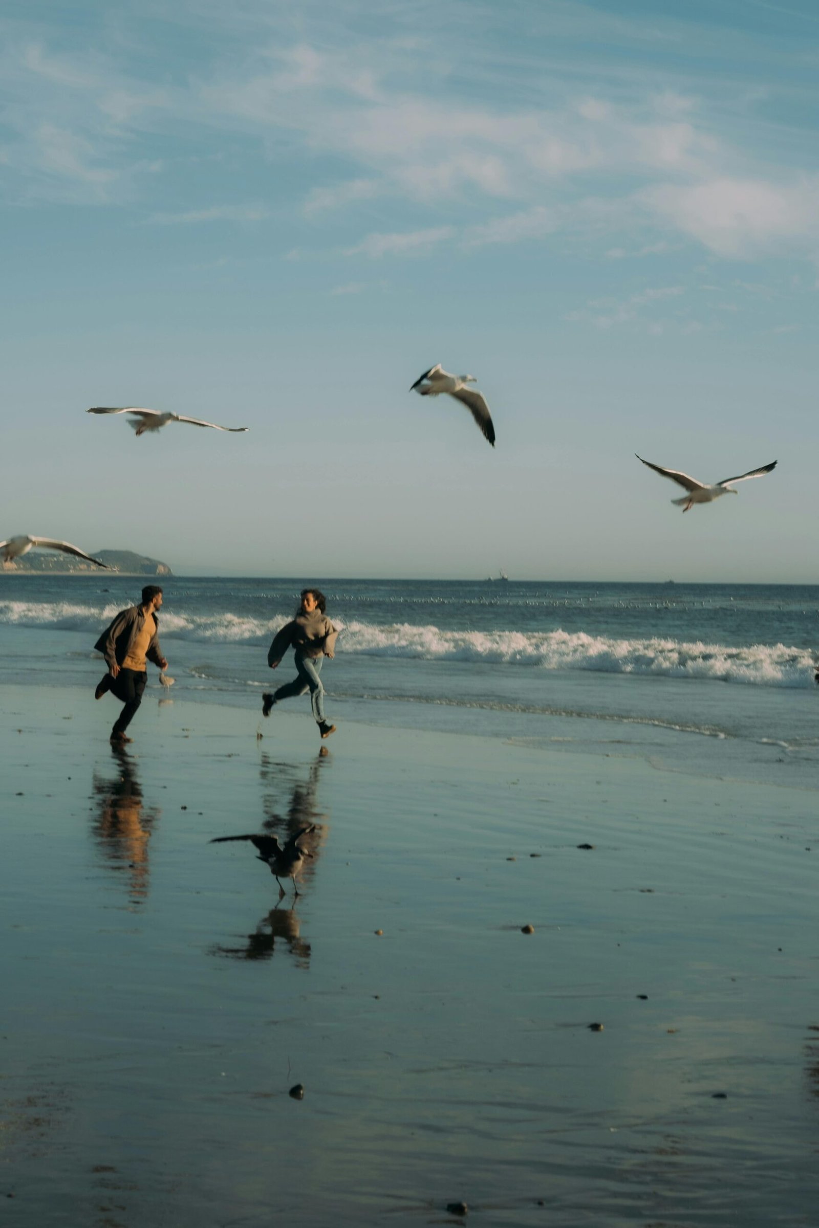 A joyful couple runs along a sunny Los Angeles beach, surrounded by seagulls.